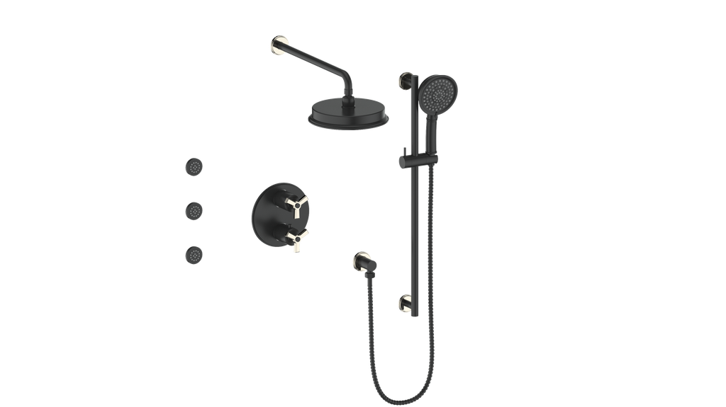 Vogt Zehn 3-Way Thermostatic Shower System with Body Jets, 3-Spoke Handle - Polished Nickel / Matte Black (SET.Z3.320.810.PB)