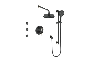 Vogt Zehn 3-Way Thermostatic Shower System with Body Jets, 3-Spoke Handle - Polished Nickel / Matte Black (SET.Z3.320.810.PB)