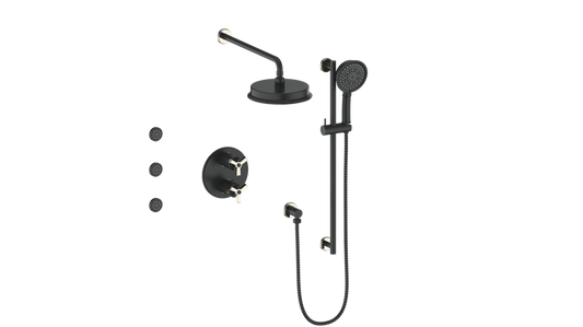 Vogt Zehn 3-Way Thermostatic Shower System with Body Jets, 3-Spoke Handle - Polished Nickel / Matte Black (SET.Z3.320.810.PB)