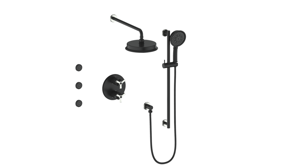 Vogt Zehn 3-Way Thermostatic Shower System with Body Jets, 3-Spoke Handle - Stainless Steel / Matte Black (SET.Z3.320.810.SB)