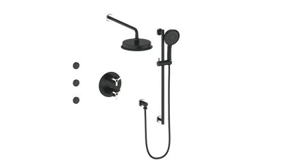 Vogt Zehn 3-Way Thermostatic Shower System with Body Jets, 3-Spoke Handle - Stainless Steel / Matte Black (SET.Z3.320.810.SB)
