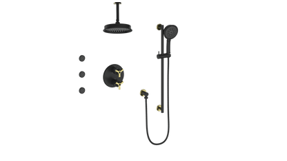 Vogt Zehn 3-Way Thermostatic Shower System with Body Jets & 6" Ceiling Arm, 3-Spoke Handle - Brushed Gold / Matte Black (SET.Z3.320.816.BGB)