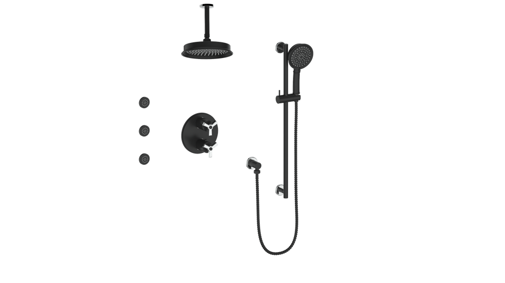 Vogt Zehn 3-Way Thermostatic Shower System with Body Jets & 6" Ceiling Arm, 3-Spoke Handle - Chrome / Matte Black (SET.Z3.320.816.CB)