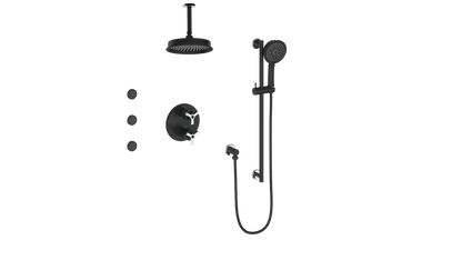 Vogt Zehn 3-Way Thermostatic Shower System with Body Jets & 6" Ceiling Arm, 3-Spoke Handle - Chrome / Matte Black (SET.Z3.320.816.CB)