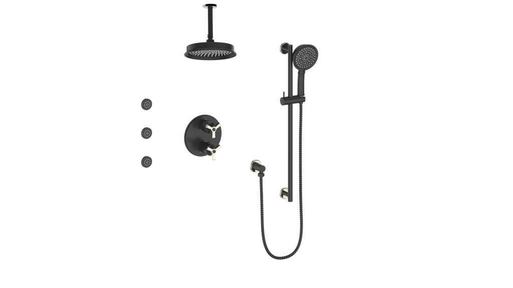 Vogt Zehn 3-Way Thermostatic Shower System with Body Jets & 6" Ceiling Arm, 3-Spoke Handle - Polished Nickel / Matte Black (SET.Z3.320.816.PB)