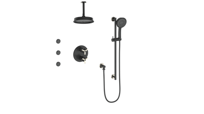Vogt Zehn 3-Way Thermostatic Shower System with Body Jets & 6" Ceiling Arm, 3-Spoke Handle - Polished Nickel / Matte Black (SET.Z3.320.816.PB)