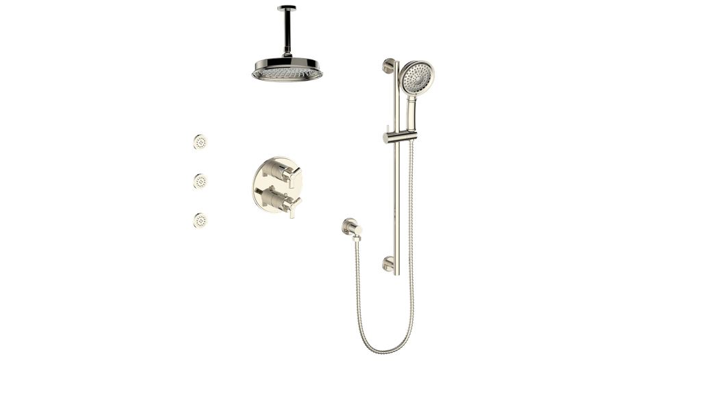 Vogt Zehn 3-Way Thermostatic Shower System with Body Jets & 6" Ceiling Arm, 3-Spoke Handle - Polished Nickel (SET.Z3.320.816.PN)