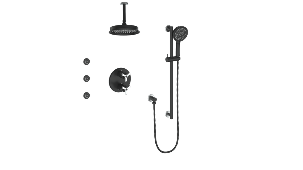 Vogt Zehn 3-Way Thermostatic Shower System with Body Jets & 6" Ceiling Arm, 3-Spoke Handle - Stainless Steel / Matte Black (SET.Z3.320.816.SB)