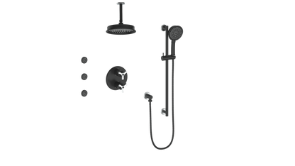 Vogt Zehn 3-Way Thermostatic Shower System with Body Jets & 6" Ceiling Arm, 3-Spoke Handle - Stainless Steel / Matte Black (SET.Z3.320.816.SB)