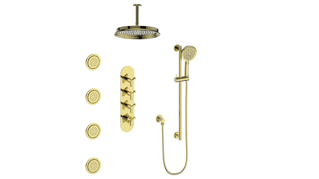 Vogt Zehn 3/4" High-Flow Thermostatic Shower System, 3-Spoke Handle - Brushed Gold (SET.Z3.350.936.BG)