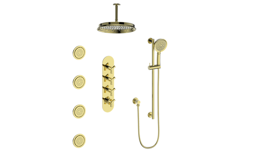 Vogt Zehn 3/4" High-Flow Thermostatic Shower System, 3-Spoke Handle - Brushed Gold (SET.Z3.350.936.BG)