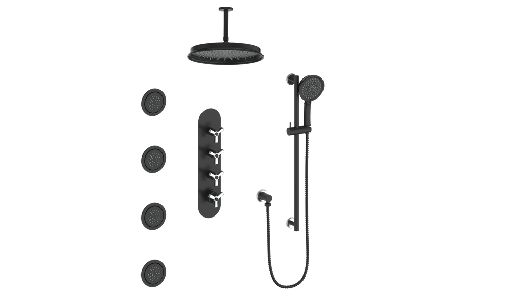 Vogt Zehn 3/4" High-Flow Thermostatic Shower System, 3-Spoke Handle - Stainless Steel / Matte Black (SET.Z3.350.936.SB)