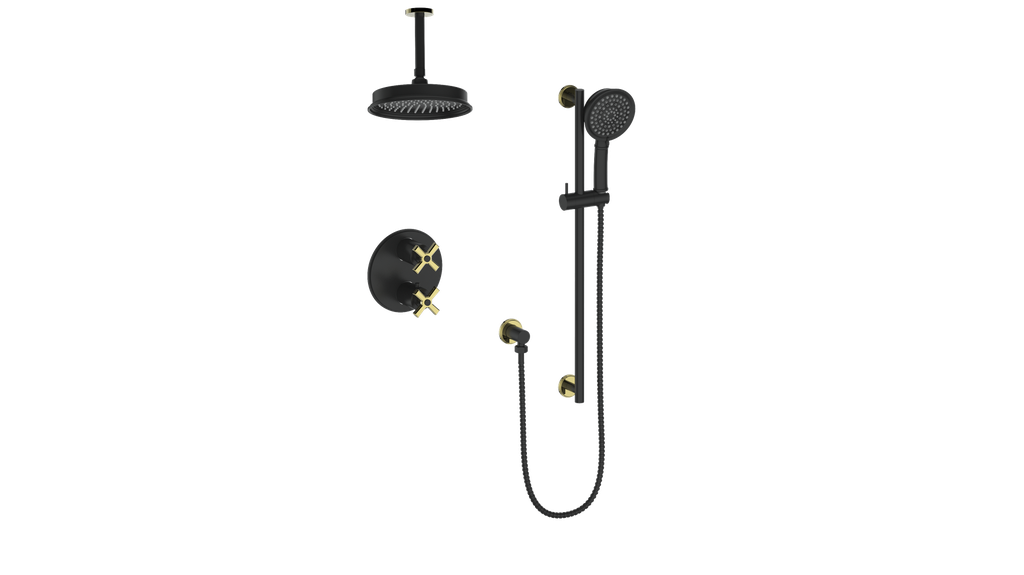 Vogt Zehn 2-Way Thermostatic Shower System with 6" Ceiling Arm in Brushed Gold & Matte Black – SET.Z4.220.216.BGB