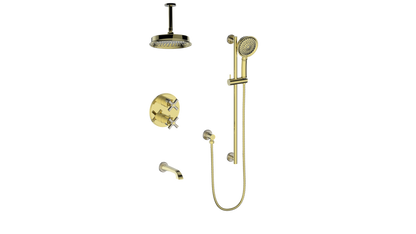 Vogt Zehn 3-Way Thermostatic Shower System with 6" Ceiling Arm, 4-Spoke Handle - Brushed Gold (SET.Z4.320.316.BG)
