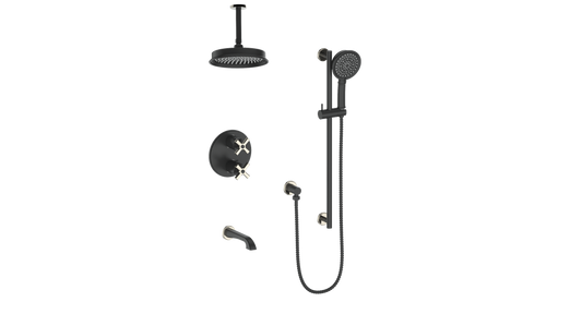 Vogt Zehn 3-Way Thermostatic Shower System with 6" Ceiling Arm, 4-Spoke Handle - Polished Nickel / Matte Black (SET.Z4.320.316.PB)