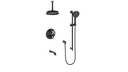 Vogt Zehn 3-Way Thermostatic Shower System with 6" Ceiling Arm, 4-Spoke Handle - Stainless Steel / Matte Black (SET.Z4.320.316.SB)