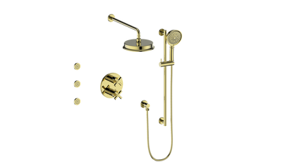 Vogt Zehn 3-Way Thermostatic Shower System with Body Jets, 4-Spoke Handle - Brushed Gold (SET.Z4.320.810.BG)