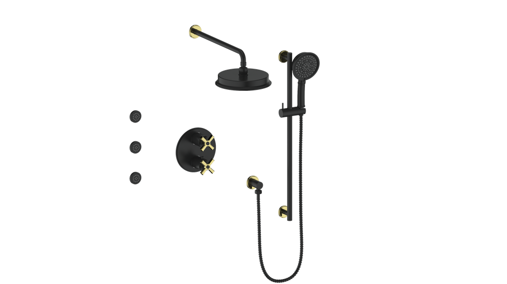 Vogt Zehn 3-Way Thermostatic Shower System with Body Jets, 4-Spoke Handle - Brushed Gold / Matte Black (SET.Z4.320.810.BGB)