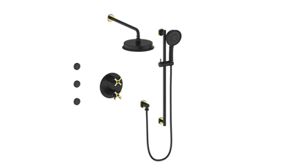 Vogt Zehn 3-Way Thermostatic Shower System with Body Jets, 4-Spoke Handle - Brushed Gold / Matte Black (SET.Z4.320.810.BGB)