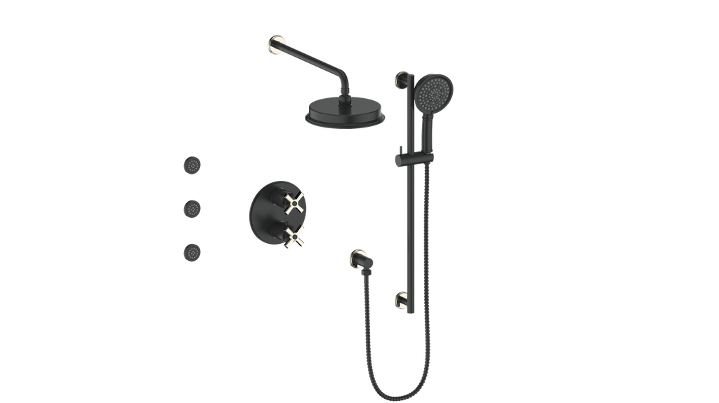 Vogt Zehn 3-Way Thermostatic Shower System with Body Jets, 4-Spoke Handle - Polished Nickel / Matte Black (SET.Z4.320.810.PB)
