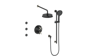 Vogt Zehn 3-Way Thermostatic Shower System with Body Jets, 4-Spoke Handle - Polished Nickel / Matte Black (SET.Z4.320.810.PB)