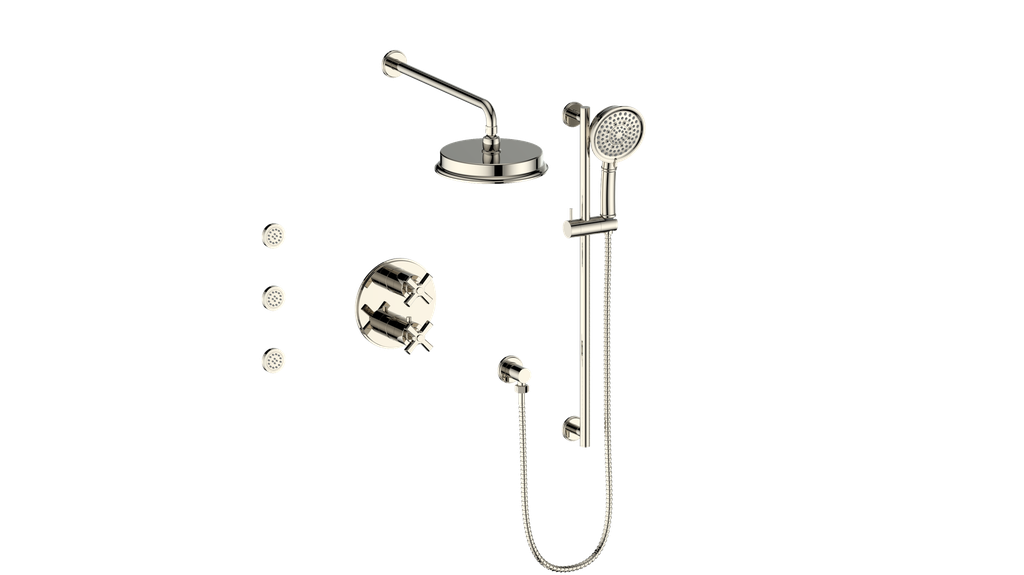 Vogt Zehn 3-Way Thermostatic Shower System with Body Jets, 4-Spoke Handle - Polished Nickel (SET.Z4.320.810.PN)