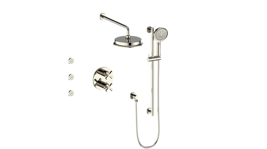 Vogt Zehn 3-Way Thermostatic Shower System with Body Jets, 4-Spoke Handle - Polished Nickel (SET.Z4.320.810.PN)