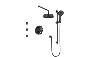 Vogt Zehn 3-Way Thermostatic Shower System with Body Jets, 4-Spoke Handle - Stainless Steel / Matte Black (SET.Z4.320.810.SB)