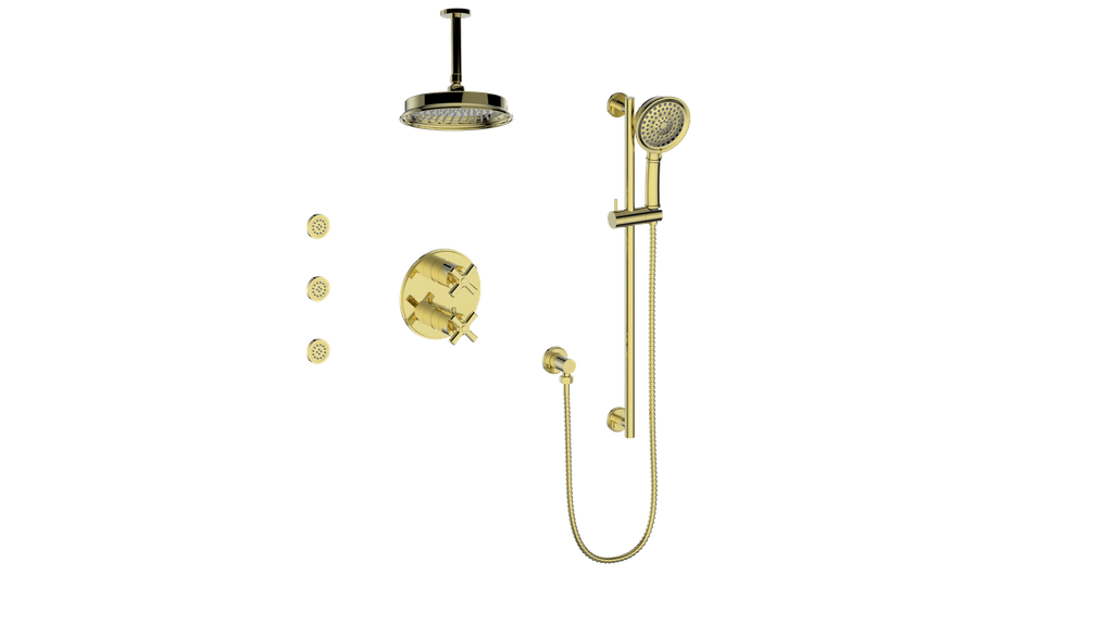 Vogt Zehn 3-Way Thermostatic Shower System with Body Jets & 6" Ceiling Arm, 4-Spoke Handle - Brushed Gold (SET.Z4.320.816.BG)