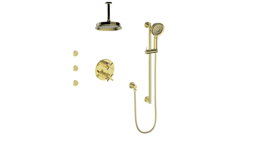 Vogt Zehn 3-Way Thermostatic Shower System with Body Jets & 6" Ceiling Arm, 4-Spoke Handle - Brushed Gold (SET.Z4.320.816.BG)