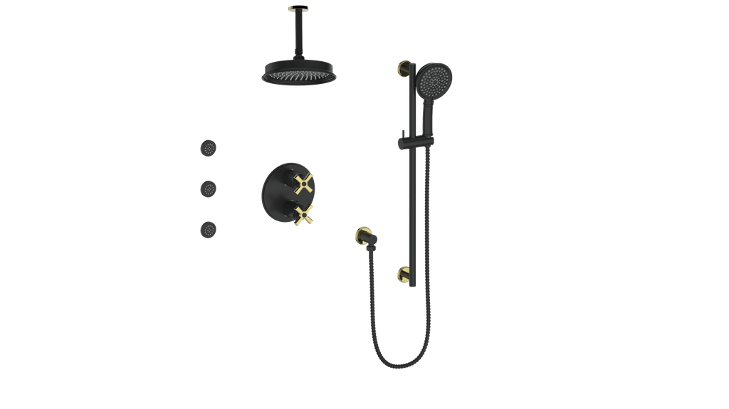 Vogt Zehn 3-Way Thermostatic Shower System with Body Jets & 6" Ceiling Arm, 4-Spoke Handle - Brushed Gold / Matte Black (SET.Z4.320.816.BGB)