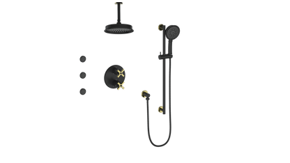 Vogt Zehn 3-Way Thermostatic Shower System with Body Jets & 6" Ceiling Arm, 4-Spoke Handle - Brushed Gold / Matte Black (SET.Z4.320.816.BGB)