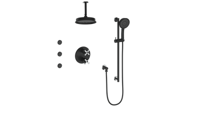 Vogt Zehn 3-Way Thermostatic Shower System with Body Jets & 6" Ceiling Arm, 4-Spoke Handle - Chrome / Matte Black (SET.Z4.320.816.CB)