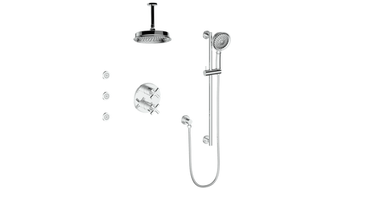 Vogt Zehn 3-Way Thermostatic Shower System with Body Jets & 6" Ceiling Arm, 4-Spoke Handle - Polished Chrome (SET.Z4.320.816.CC)