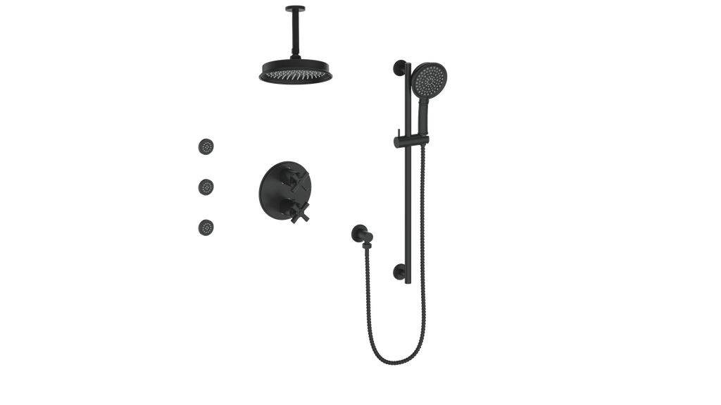 Vogt Zehn 3-Way Thermostatic Shower System with Body Jets & 6" Ceiling Arm, 4-Spoke Handle - Matte Black (SET.Z4.320.816.MB)