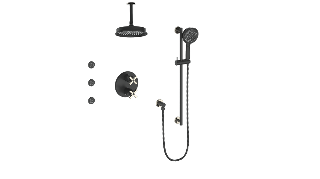 Vogt Zehn 3-Way Thermostatic Shower System with Body Jets & 6" Ceiling Arm, 4-Spoke Handle - Polished Nickel / Matte Black (SET.Z4.320.816.PB)