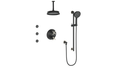 Vogt Zehn 3-Way Thermostatic Shower System with Body Jets & 6" Ceiling Arm, 4-Spoke Handle - Polished Nickel / Matte Black (SET.Z4.320.816.PB)