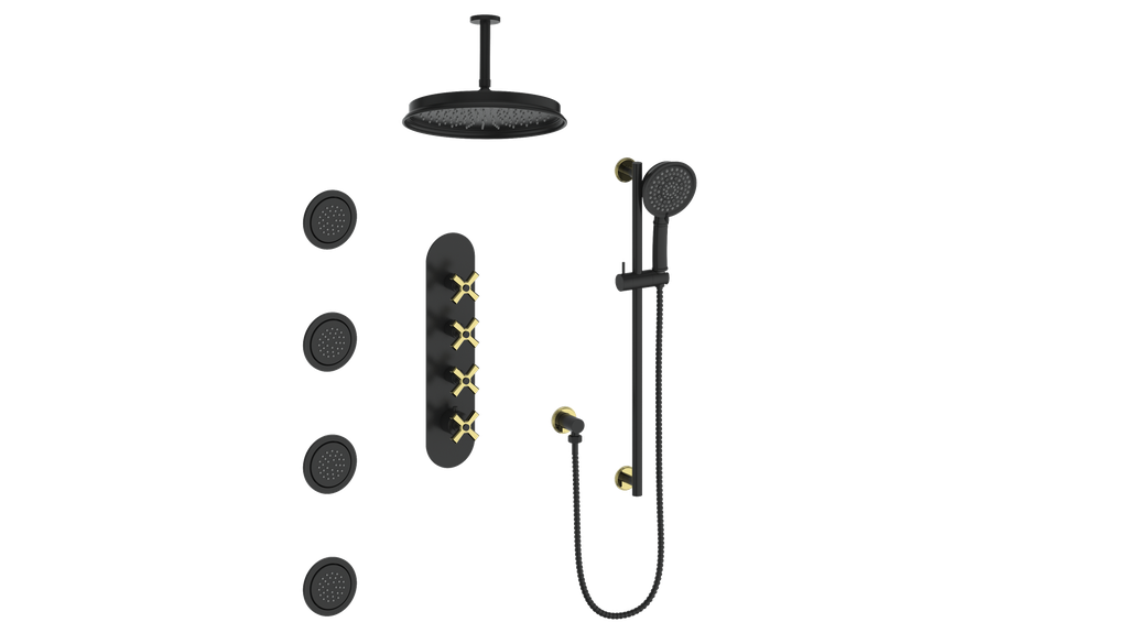 Vogt Zehn 3/4" High-Flow Thermostatic Shower System, 4-Spoke Handle - Brushed Gold / Matte Black (SET.Z4.350.936.BGB)
