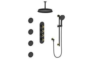 Vogt Zehn 3/4" High-Flow Thermostatic Shower System, 4-Spoke Handle - Brushed Gold / Matte Black (SET.Z4.350.936.BGB)