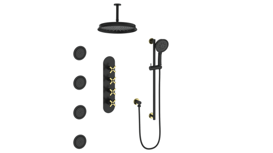 Vogt Zehn 3/4" High-Flow Thermostatic Shower System, 4-Spoke Handle - Brushed Gold / Matte Black (SET.Z4.350.936.BGB)