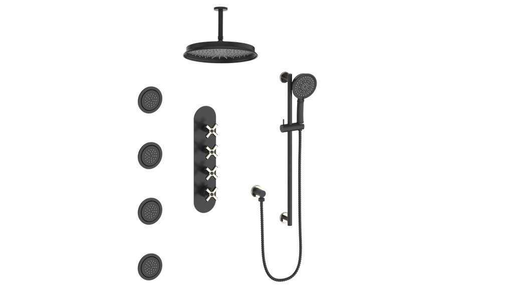 Vogt Zehn 3/4" High-Flow Thermostatic Shower System, 4-Spoke Handle - Polished Nickel / Matte Black (SET.Z4.350.936.PB)