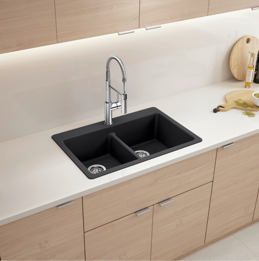 Blanco Liven Silgranit 33" 50/50 Double Bowl Dual Mount Kitchen Sink With Low Divide
