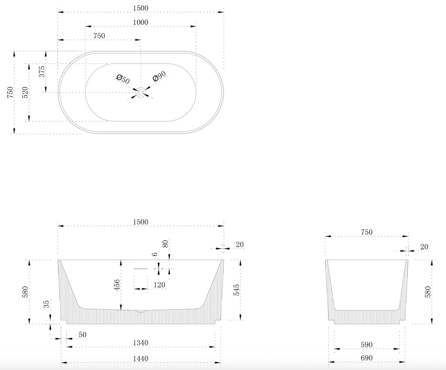 Kodaen Roman One-Piece Free-Standing Bathtub