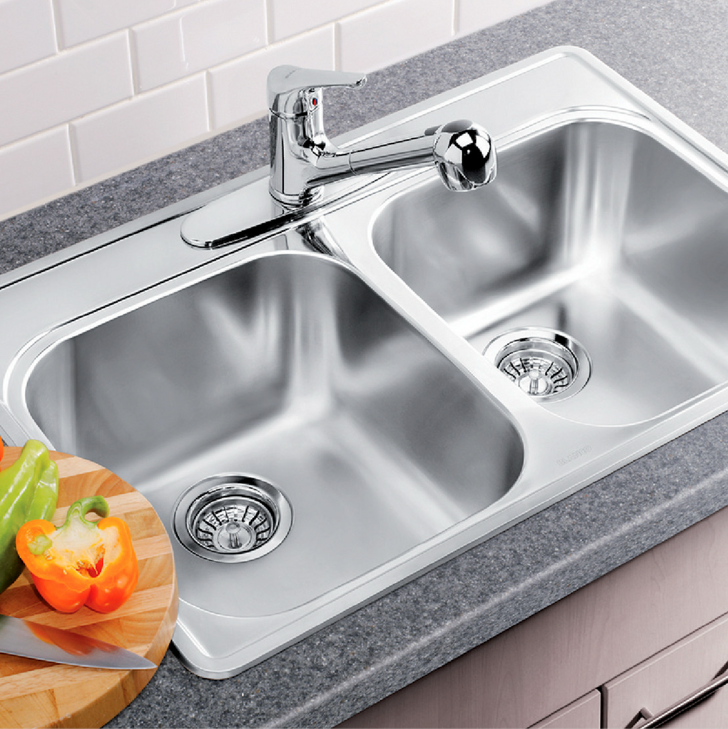 Blanco Essential 2 (1 Hole) Drop-In Double Bowl Stainless Steel Kitchen Sink