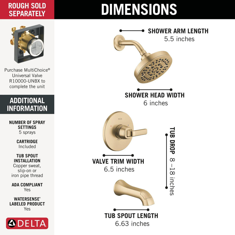 Delta T14462 Champagne Bronze shower specifications infographic