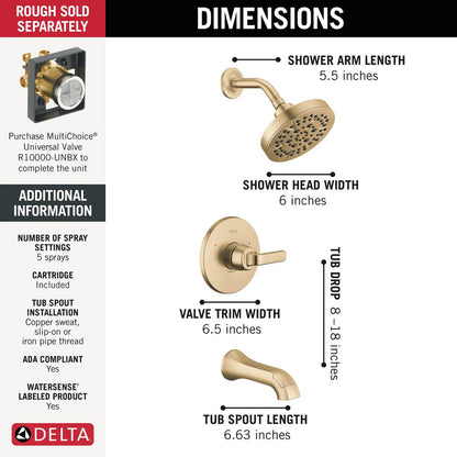 Delta T14462 Champagne Bronze shower specifications infographic