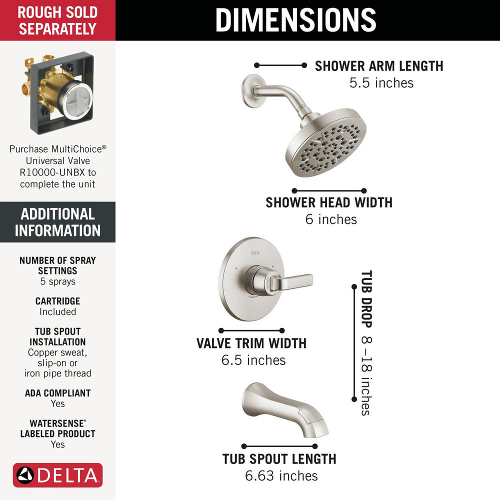 Delta T14462 Stainless shower specifications infographic