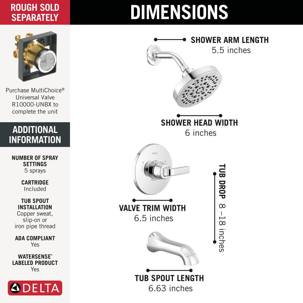 Delta T14462 Chrome shower specifications infographic