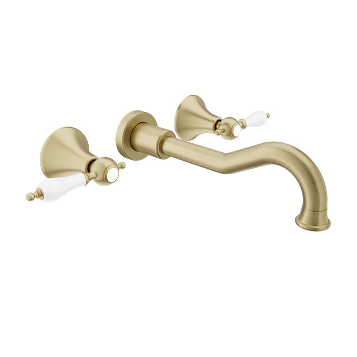 Baril Ralph B18 Two Handles Wall-Mounted Lavatory Faucet Trim, Drain Not Included - Satin Brass / White