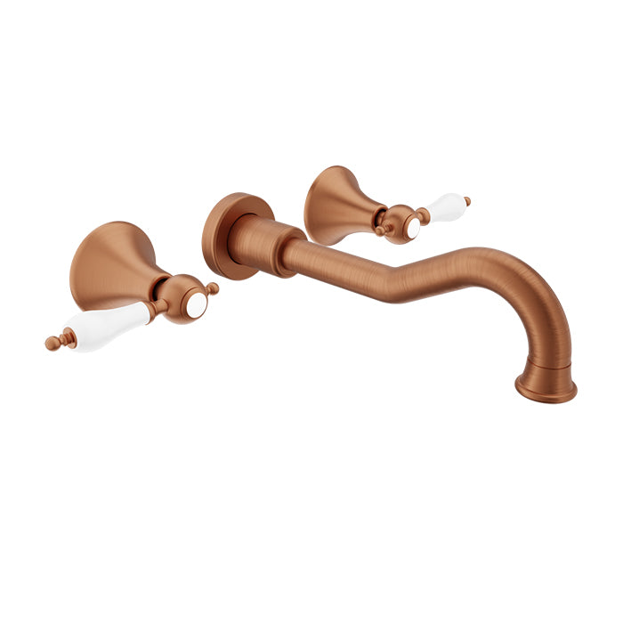 Baril Ralph B18 Two Handles Wall-Mounted Lavatory Faucet Trim, Drain Not Included - Satin Copper / White